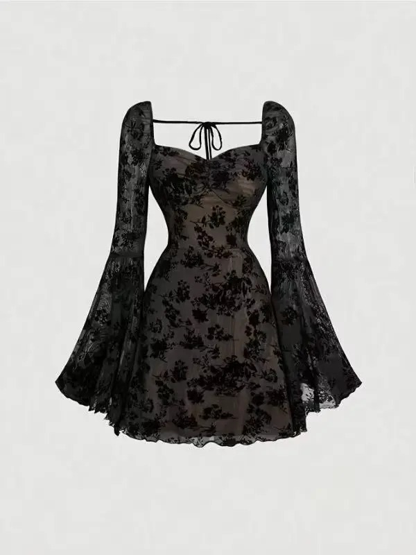 Robe noire transparente sexy pour femmes, mode, manches longues, col en V, taille haute, robes mini 