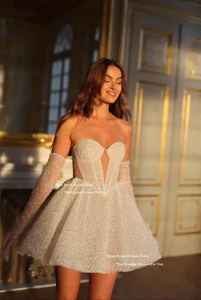 Xijun paillettes robes de mariée courtes chérie sans manches a-ligne robe de bal événement formel Cocktail