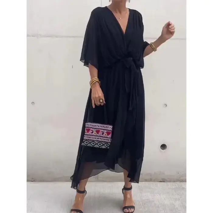 Robe en mousseline de soie asymétrique avec col en V et manches chauve-souris pour femmes, élégante et à la mode pour printemps et été