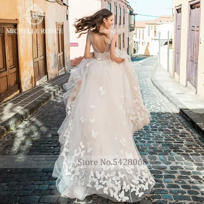 Michelle Royce a-ligne robes De mariée pour les femmes Sexy chérie Illusion ceintures bouton Court Train robe