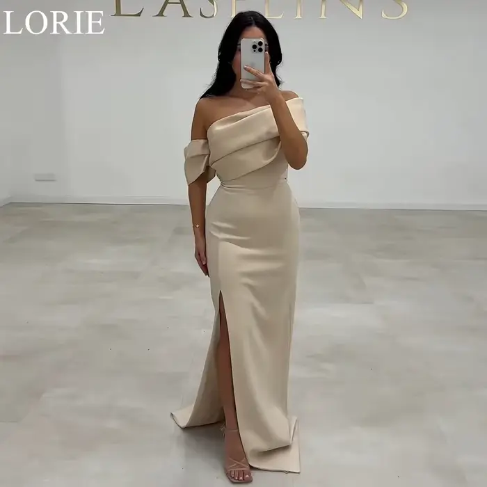 LORIE – robe de demoiselle d'honneur en Satin Champagne, élégante, style sirène, asymétrique épaule