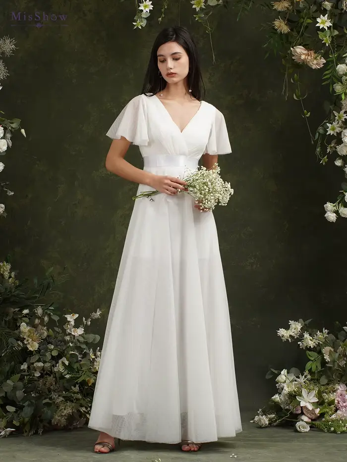 Robe de Mariée Ivoire à Manches Courtes pour Femme, Ligne A, Col en V, Plissé, Tulle, Dos Ouvert, Ba