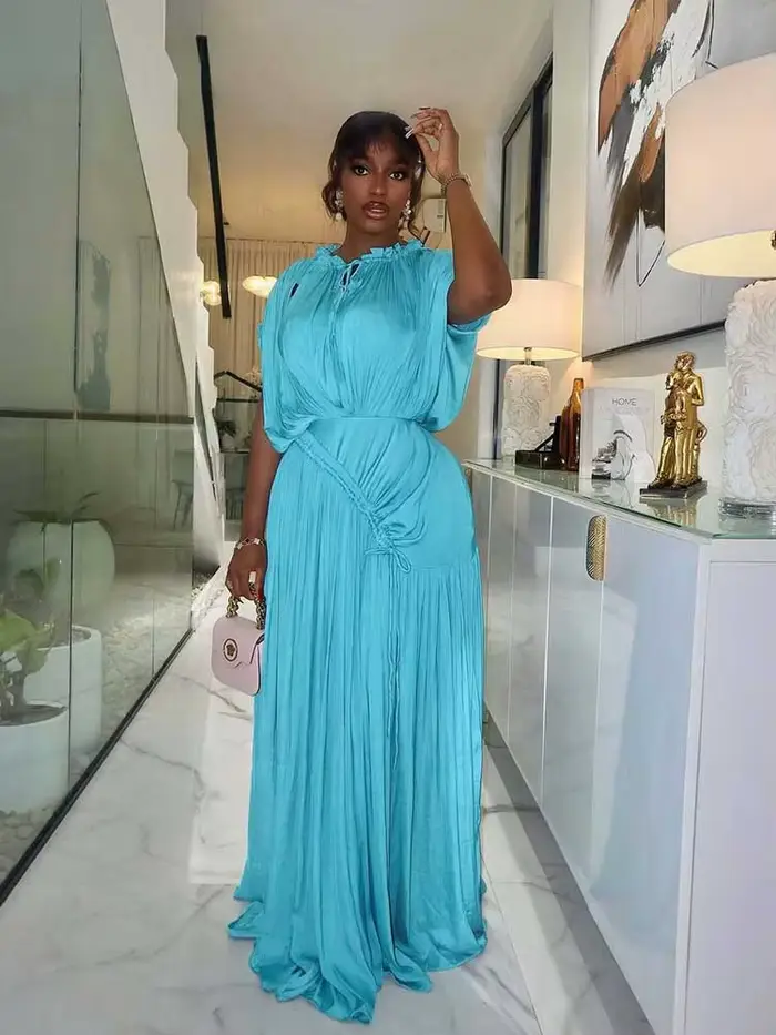 Robe longue d'été pour femme, taille haute, drapée, chic, bleu ciel, robe droite, une pièce, décontractée, élégante, maxi, pour le soir