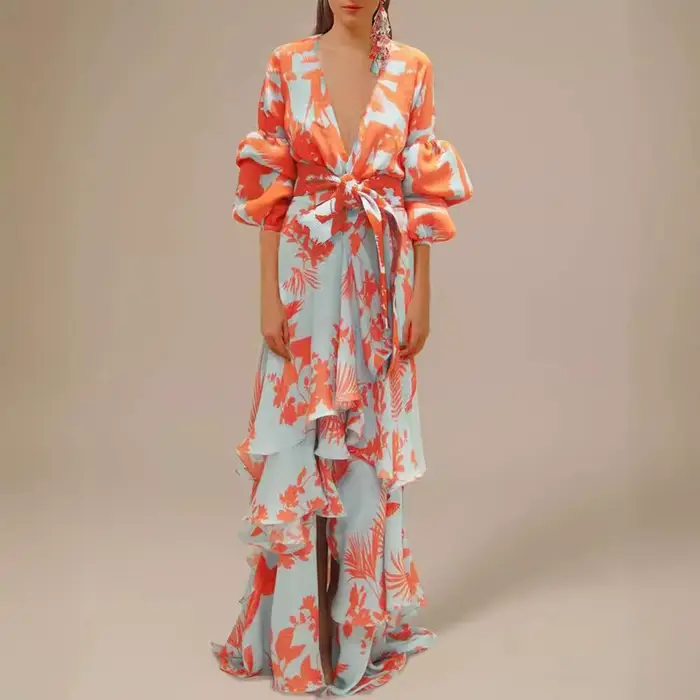 Robe longue bohème irrégulière en mousseline de soie à imprimé mode européenne et américaine
