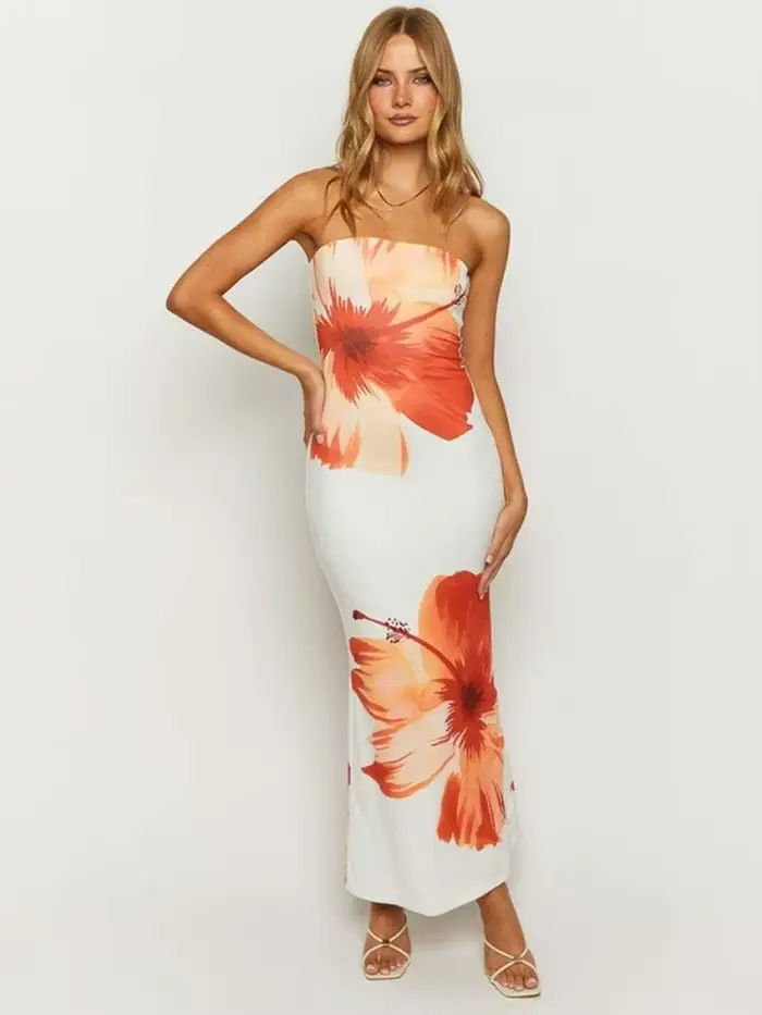 Robe de Plage Blanche Sans Bretelles à Imprimé Floral pour Femme Vêtement Éducatif
