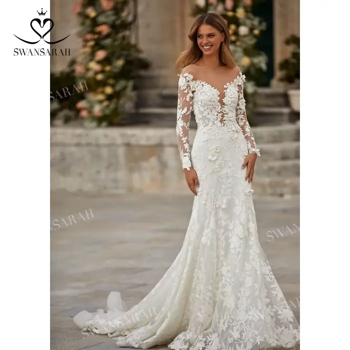 Robe de mariée sirène chérie, manches longues, fleurs 3D, robe de mariée princesse en dentelle, Swan