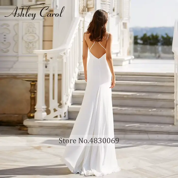 Ashley Carol-Robe de mariée fourreau en mousseline de soie, robe de Patients à ourlet fendu, col en V, dos nu croisé, bretelles spaghetti, charmante mariée