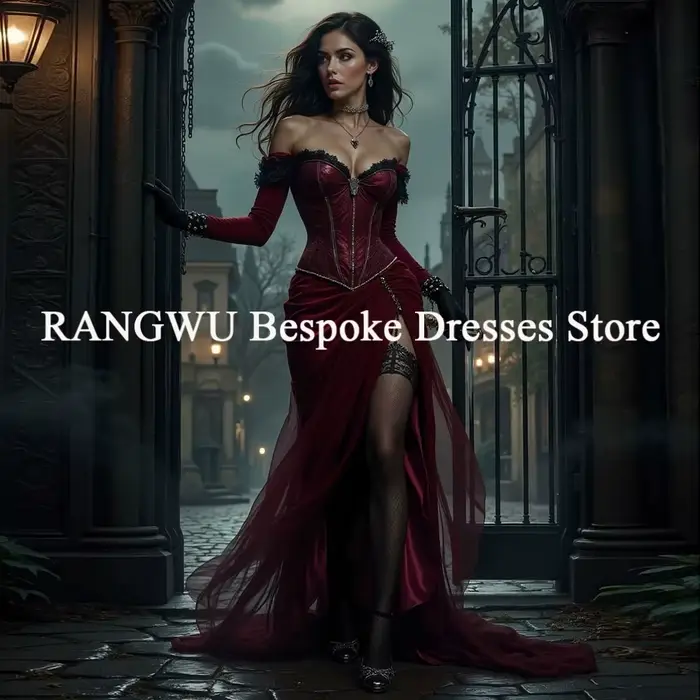 Robe de mariée gothique rouge vampire avec fente, élégante, à manches longues, style guerre civile, 