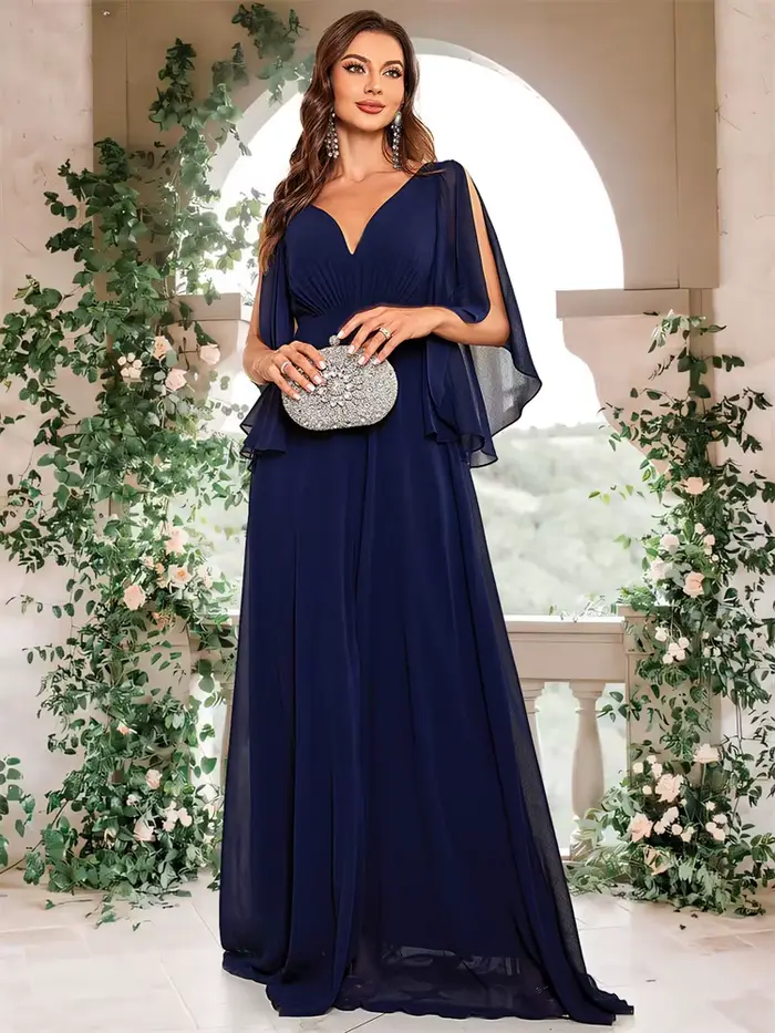 Robe de soirée Lucyinlove en mousseline de soie luxuriante bleu marine à fente haute et dos en V pour femmes, occasions formelles et soirées spéciales