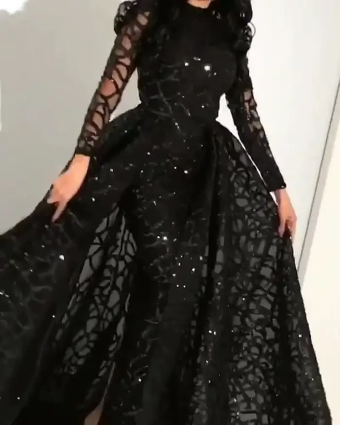 Robe de soirée à paillettes pour femme, polyester extensible, manches longues, élégante, grande balançoire, noir, été, soirées, cérémonies