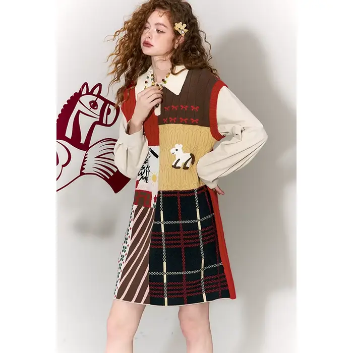 ELFSACK Robe en tricot patchwork vintage pour femme avec imprimé cheval et carreaux