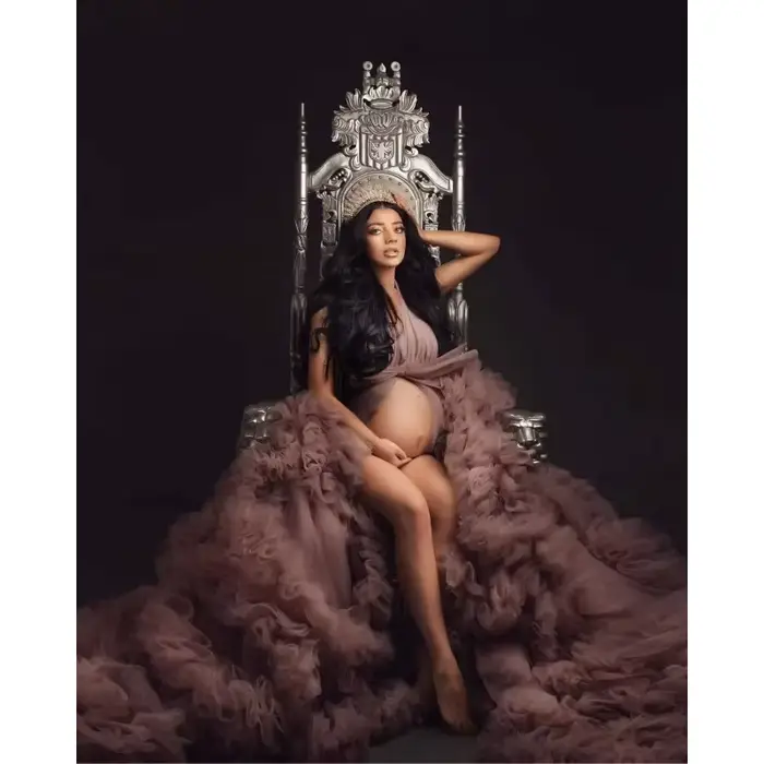 Robe de mariée de maternité - Chemise de nuit longue sexy en tulle à volants pour séance photo de grossesse