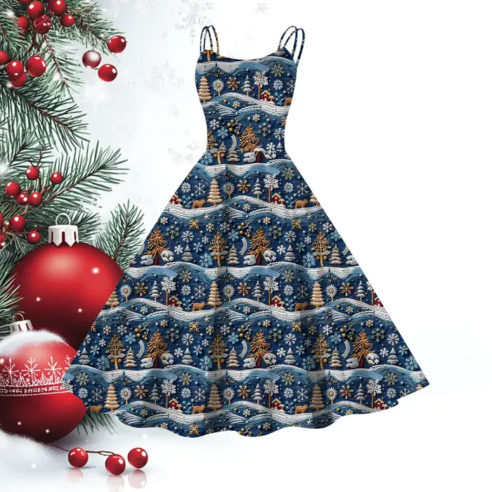 Robe de soirée sexy à bretelles spaghetti pour femmes, imprimé arbre de Noël vintage, coupe fluide, longueur aux genoux, polyester extensible, occasions spéciales et tous les jours