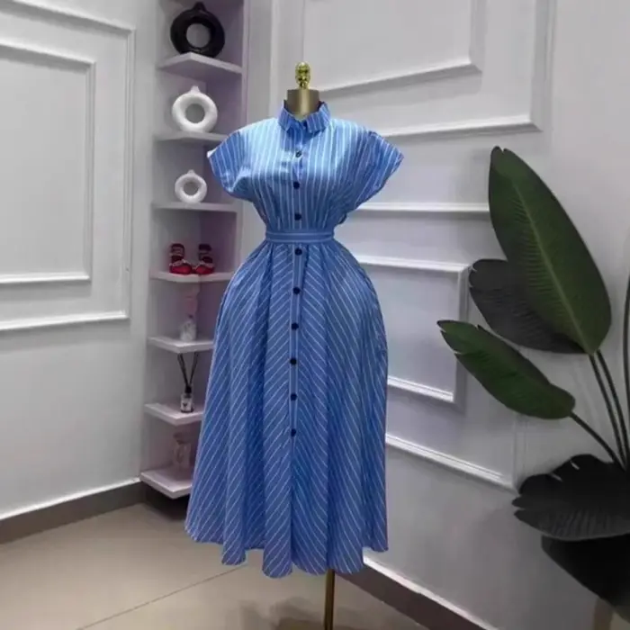 Robe longue femme coupe trapèze col rabattu manches courtes rayée élégante simple boutonnage polyester pour le travail printemps occasions spéciales