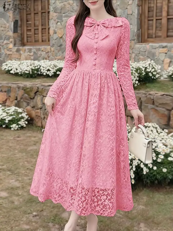 ZANZEA 2026 Robe de soirée élégante pour femme, à manches longues, brodée, avec patchwork de dentell