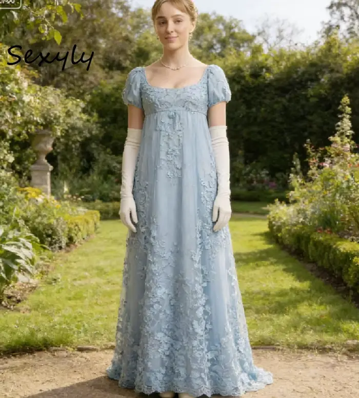 Robe de soirée bleu Daphné style Régence, manches courtes, taille empire, robes de bal 2026, élégant
