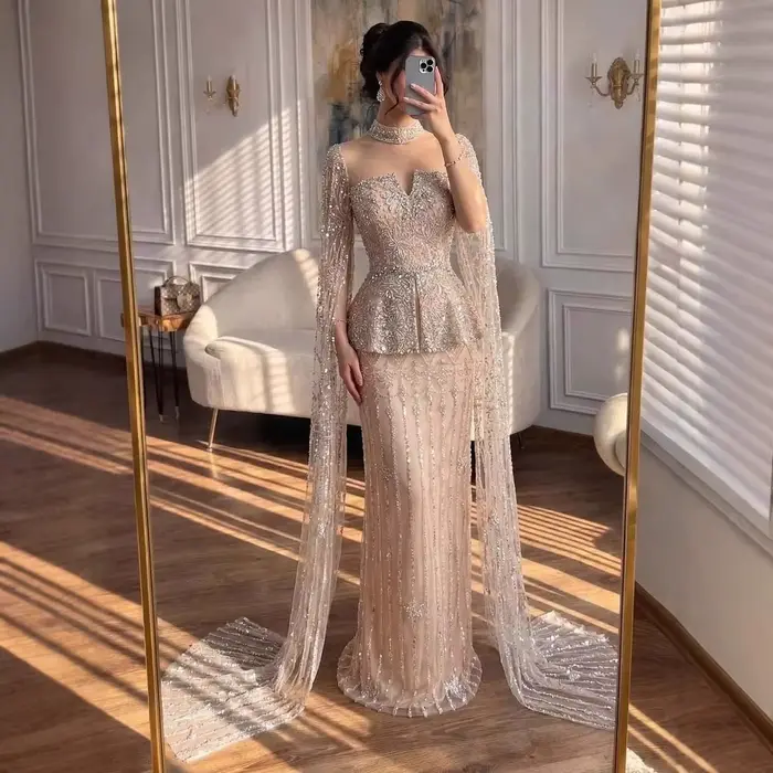 SERENE HILL 2026 Robe de soirée de luxe personnalisée couleur nude, ornée de perles, style Dubaï, av