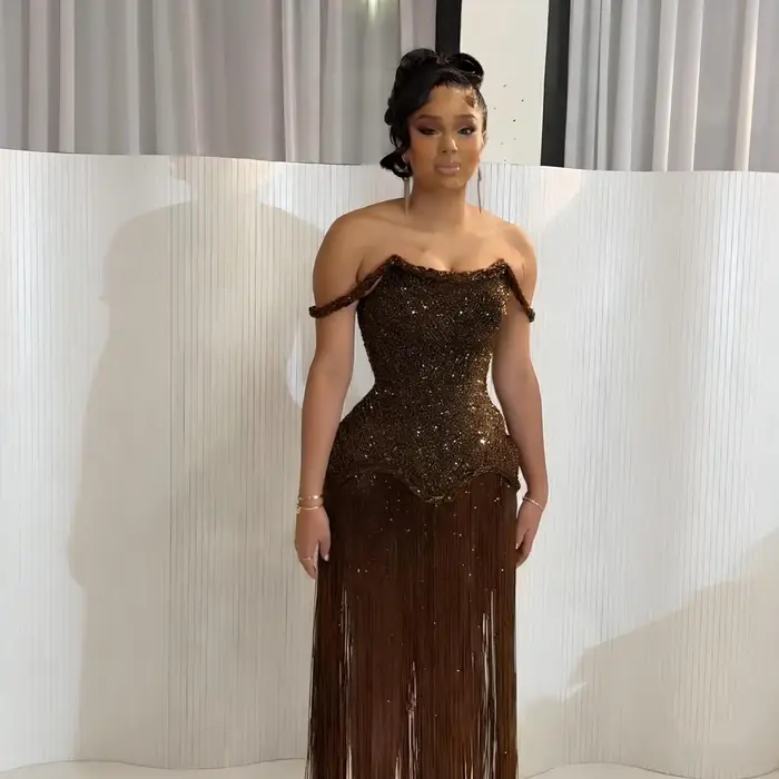 Robe de soirée à franges marron pour femme africaine, Sexy, épaules dénudées, Bustier perlé, robe de
