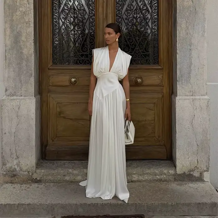 Nouvelle Robe Longue Blanche Femme Col V Plissée Sans Manches Fendue Taille Cintrée Maxi Élégante po
