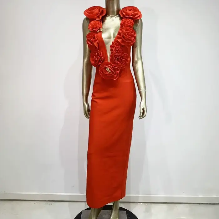 Robe moulante sexy en dentelle rouge 3D à manches longues pour femmes, robe de soirée élégante pour