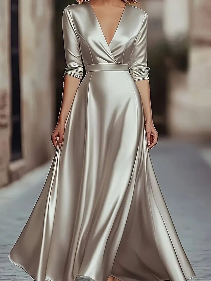 Collection Printemps/Automne : Robe de soirée élégante d'inspiration française, à col en V, à manche