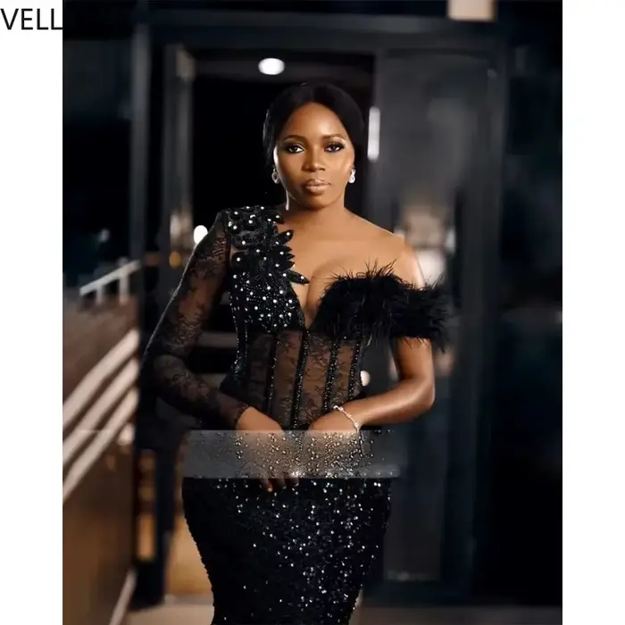 Robe de soirée sirène noire, Corset perlé, manches longues, grandes plumes, robes de bal pour femmes