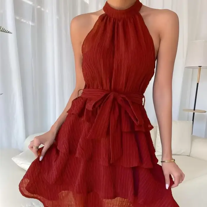 Femmes rouge Mini robe robes 2025 été mode Sexy Style licou sans manches à volants bord attaché femme