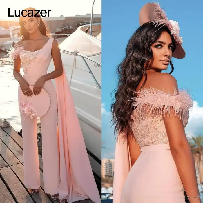 Combinaison robes de soirée avec pantalon, rose clair, robe de bal avec Cape, asymétrique épaule dén