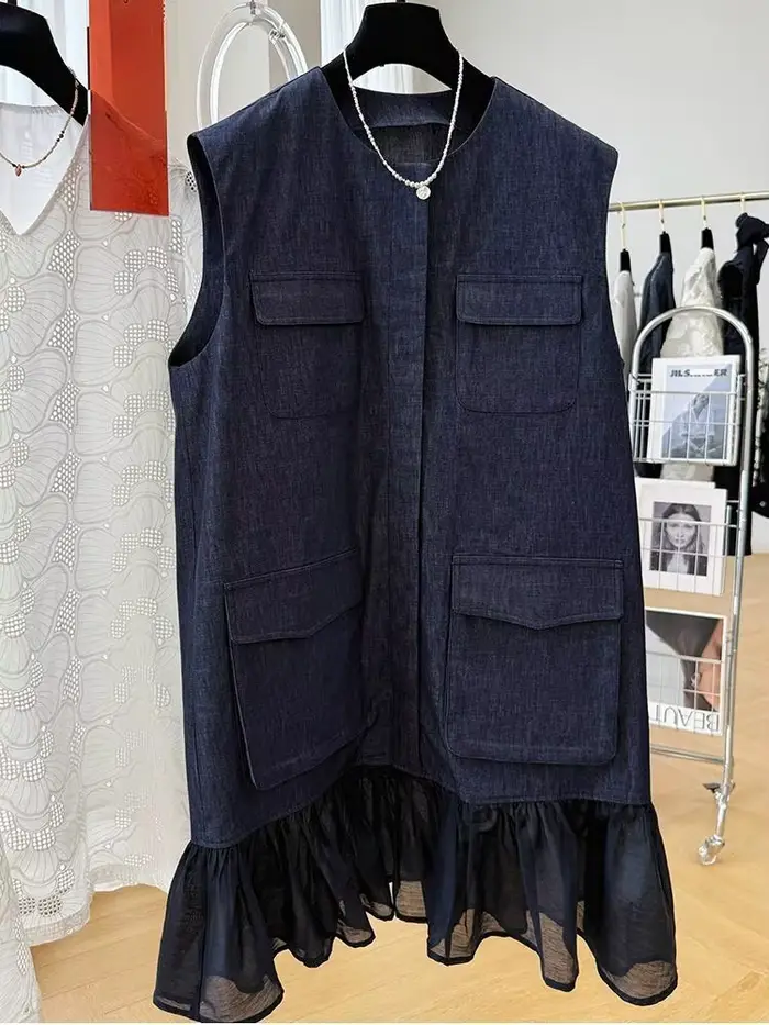 Robe sans manches pour femmes, col rond, mini, double boutonnage, polyester, silhouette une ligne, été 2024, coupe régulière, léger extensible, occasions estivales