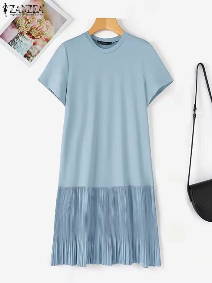 Robe plissée décontractée à manches courtes pour femme