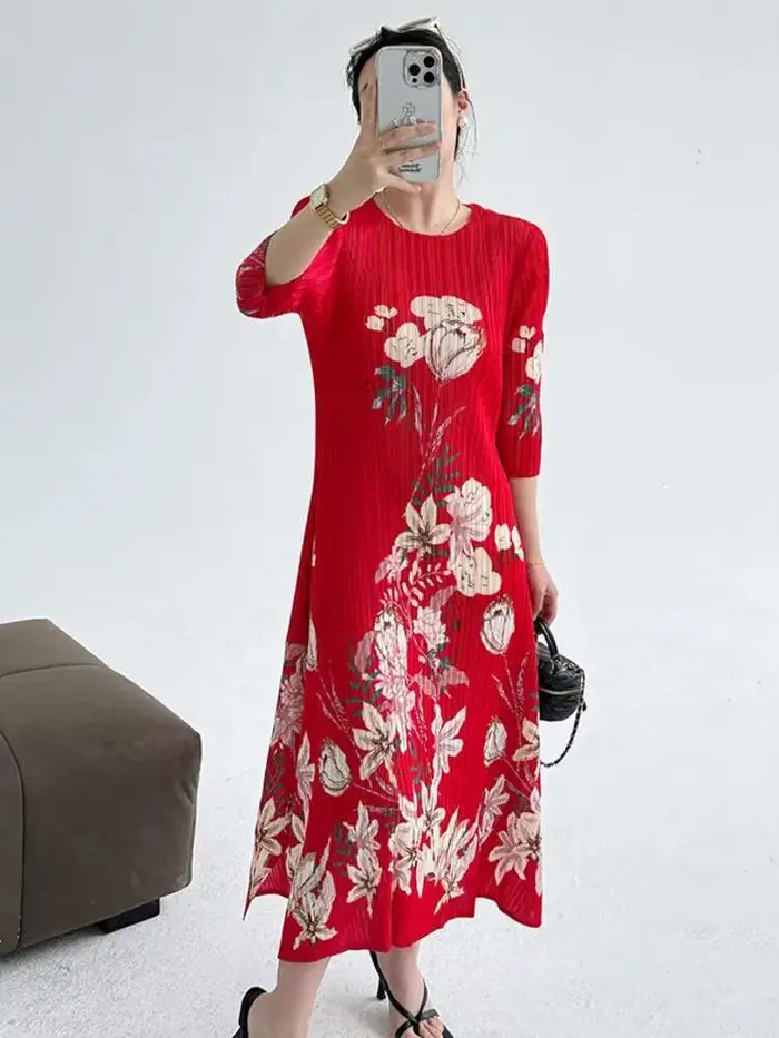 Robe LANMREM en polyester imprimée vintage col rond pour femmes occasions spéciales printemps été