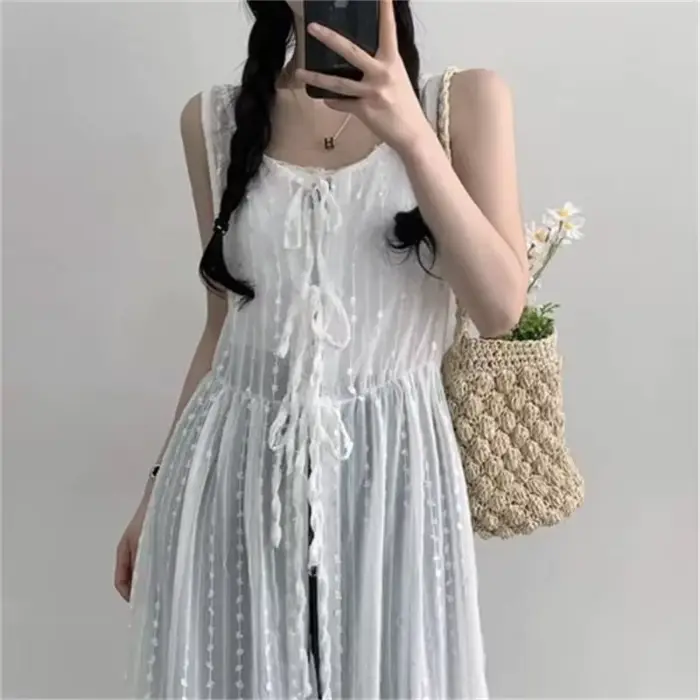 Robe brodée à lacets fins pour femmes, glaçure superposée, jupe de couverture longue, été