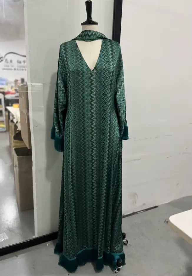 Robes longues en Crochet vert avec écharpe pour femmes, Chic, col en V, manches longues, ourlet à gl