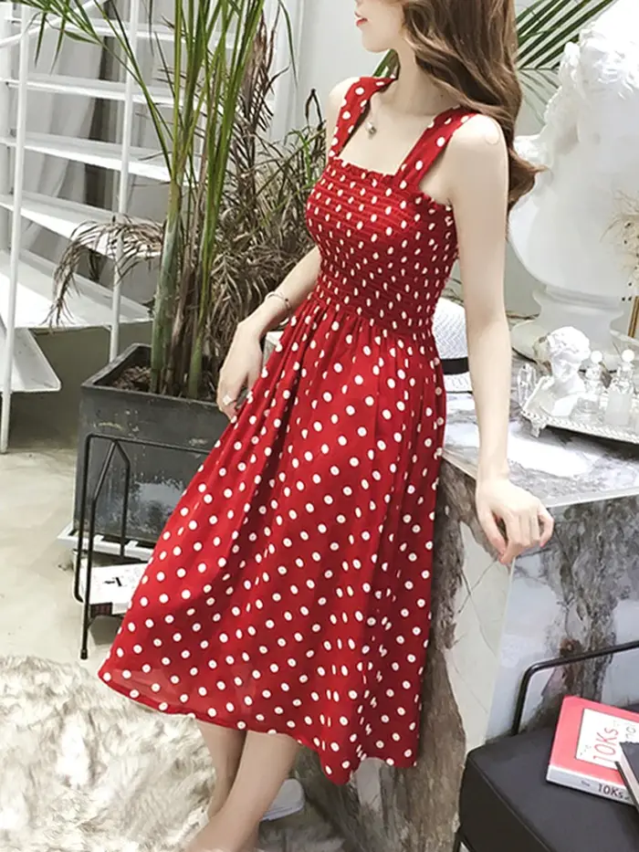 Robe longue d'été décontractée à pois vintage avec volants élégante en mélange de coton à bretelles pour femme occasions spéciales