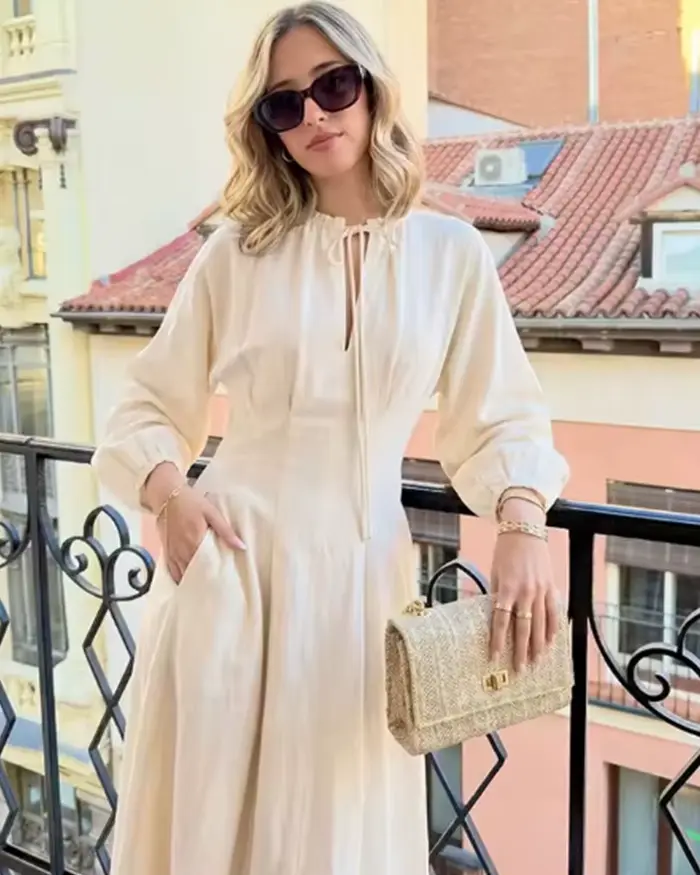 Robe longue plissée ajustée à manches longues femme élégante chic vacances printemps automne polyester Qaoerde occasions spéciales