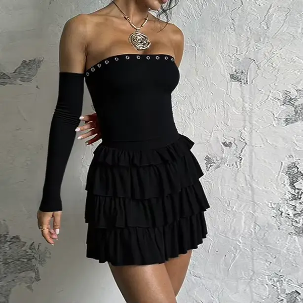 Robe polyester épaules dénudées plissée volants décolleté cou fendu printemps automne bywindto pour femmes occasions spéciales