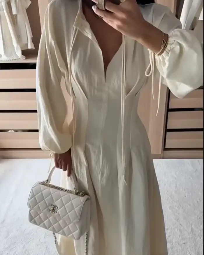 Robe longue plissée ajustée à manches longues femme élégante chic vacances printemps automne polyester Qaoerde occasions spéciales