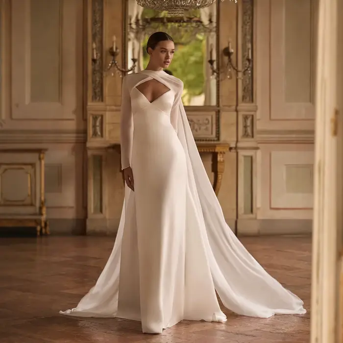 Robes de mariée sirène en satin avec cape détachable, manches longues, bretelles spaghetti, robes de