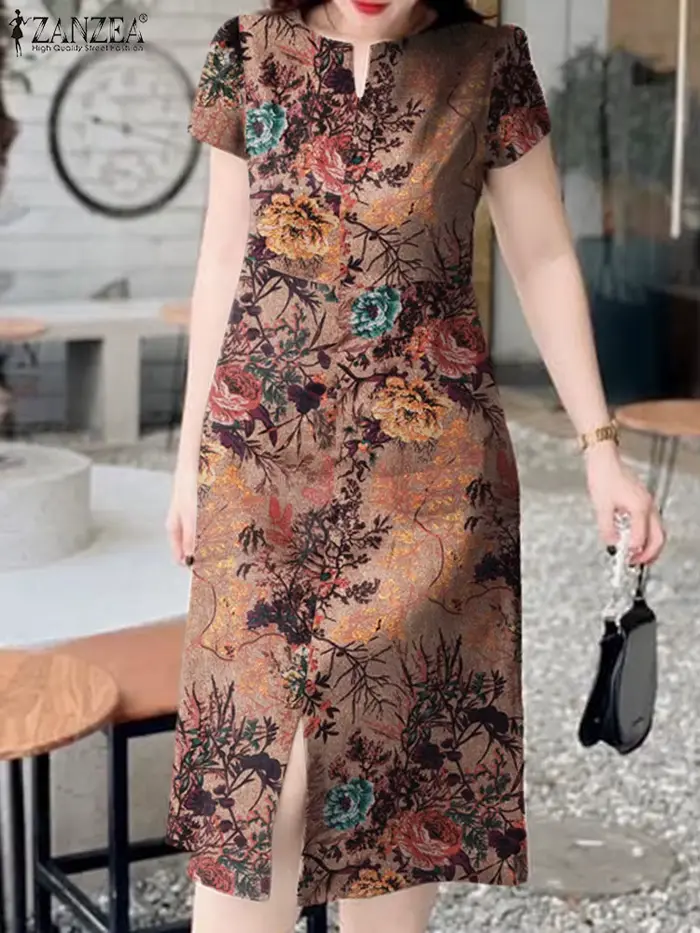Robe mi-longue rétro à manches courtes et col en V pour femmes