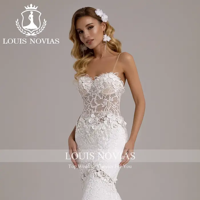 LOUIS NOVIAS robe De mariée sirène romantique bretelles Spaghetti fleurs 3D Appliques Illusion