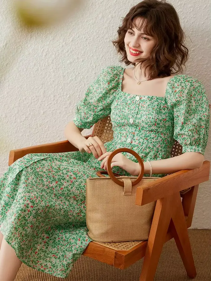 Robe en coton et polyester mi-longue avec motifs floraux style rétro chic pour femmes occasions spéciales