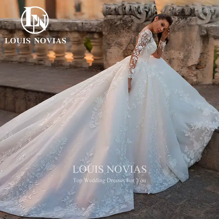 LOUIS NOVIAS robes De mariée pour les femmes magnifique perlée princesse à manches longues chérie à lacets robe