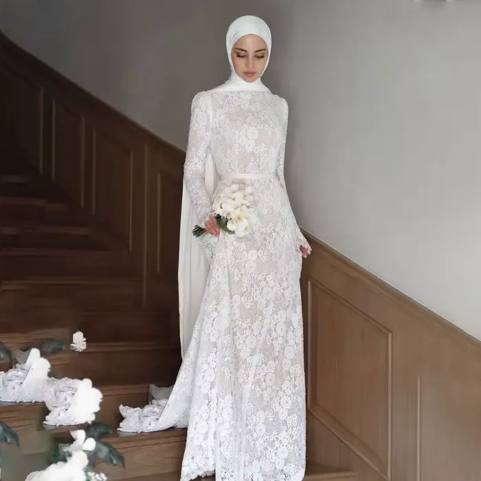 Robes de mariée musulmanes en dentelle avec col haut, manches longues, style sirène, hijab, robe de 