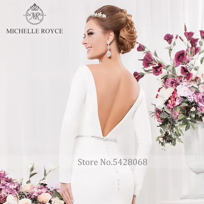 Michelle Royce robes De mariée sirène Sexy Scoop manches longues dos nu bouton perlé Court Train