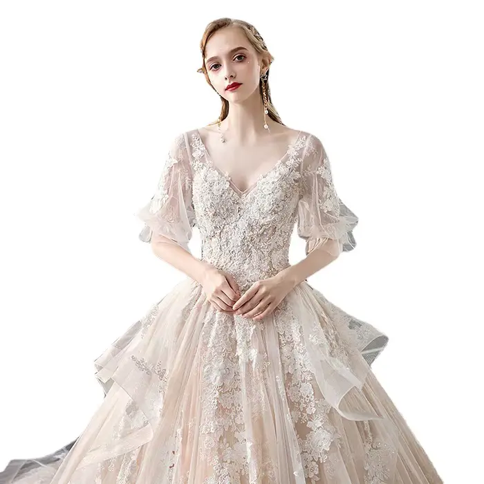 Robe de mariée Super Féerique col en V longue queue personnalisable pour femmes grandes occasions spéciales