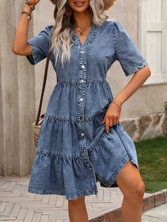 Robe en jean vintage délavée à volants pour femme style décontracté été col en V manches courtes volants trapèze ocassions spéciales