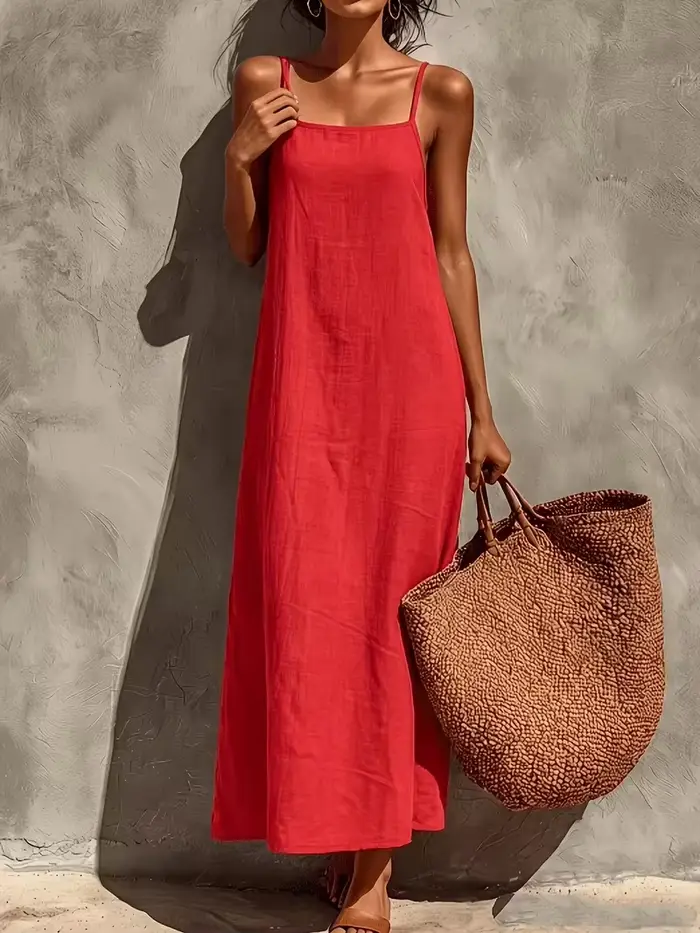 Nouvelle Robe Longue Droite Ample en Lin Français pour Femme, Col Carré Rouge Rétro, en Lin Texturé Sélectionné Anti-Humidité