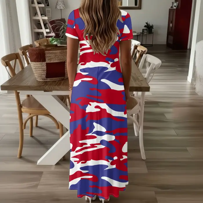 Robe longue d'été pour femmes à manches courtes et col en V