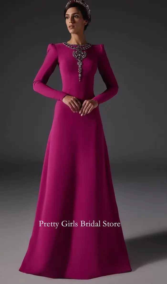 Cristaux personnalisés col rond robes de mariée formelles Rose rouge crêpe Satin longueur de planche