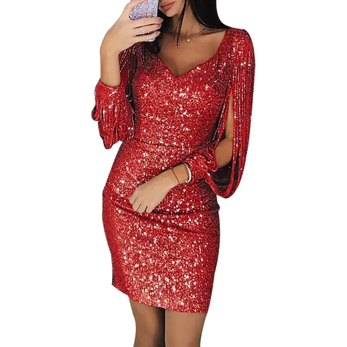 Robe élégante et glamour pour femmes grandes tailles paillettes mini robes sexy col en V pompon soirée officielle cocktail